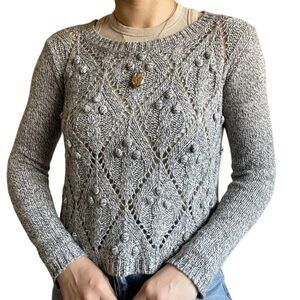 Garnet Hill Womens Alpaca Blend Gray Lace Knit Spring Crewneck Sweater Sz XS